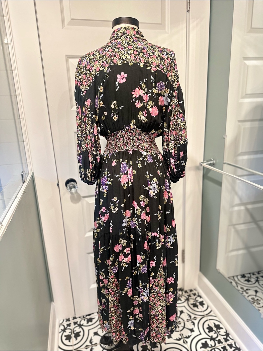 Free People Floral Maxi Dress Black Smocked Boho Button Front XS - Picture 6 of 13